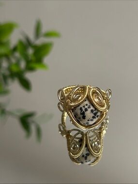 Gold Wire-Wrapped Dalmatian Jasper Statement Ring